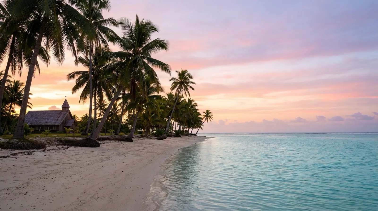 AI-generated illustration of an island shoreline at dawn near the International Date Line