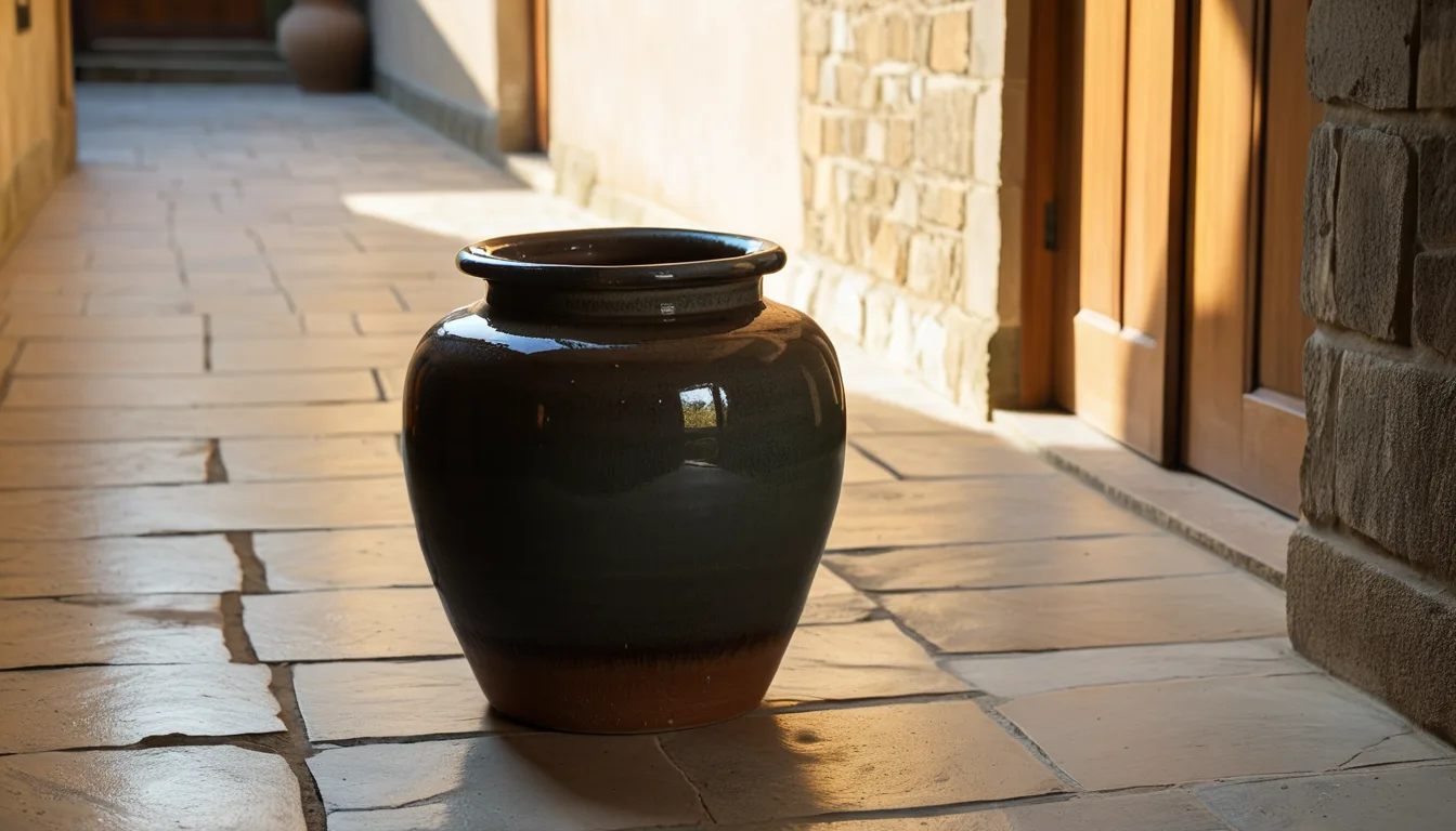 AI-generated illustration of an eared tuho jar standing in a courtyard