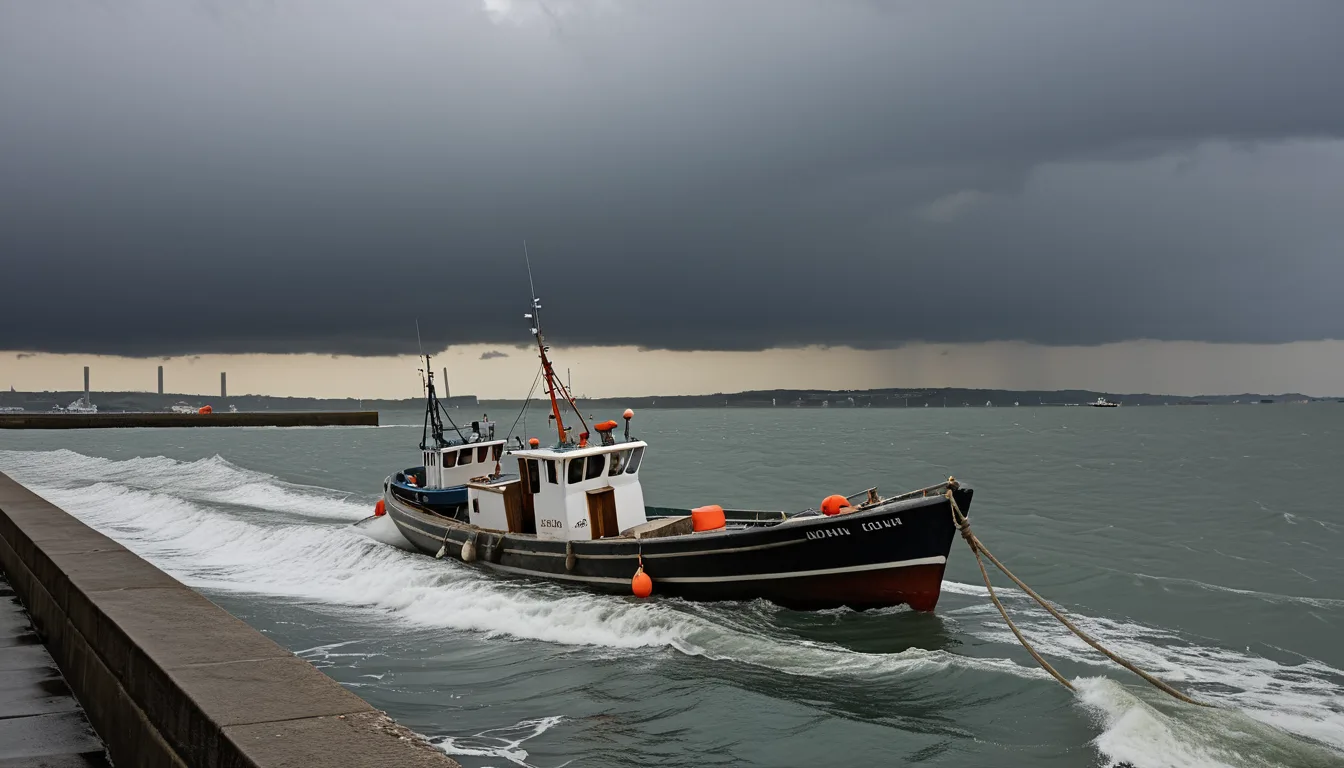 AI-generated illustration of fishing boats in a harbour lashed by wind and rain