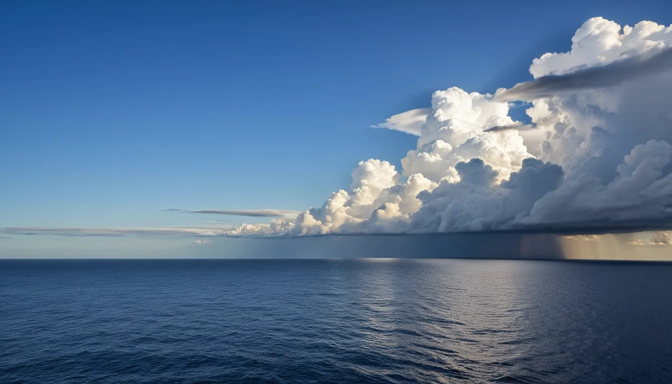 AI-generated illustration of a towering thunderstorm cloud over tropical seas