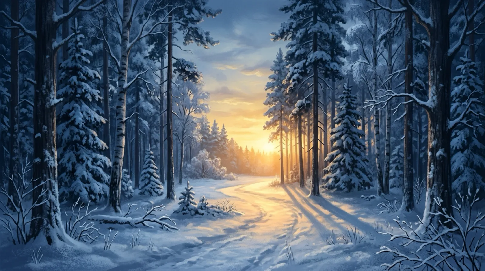 An AI conceptual illustration showing the return of golden sunlight through a snow-covered forest during the winter solstice