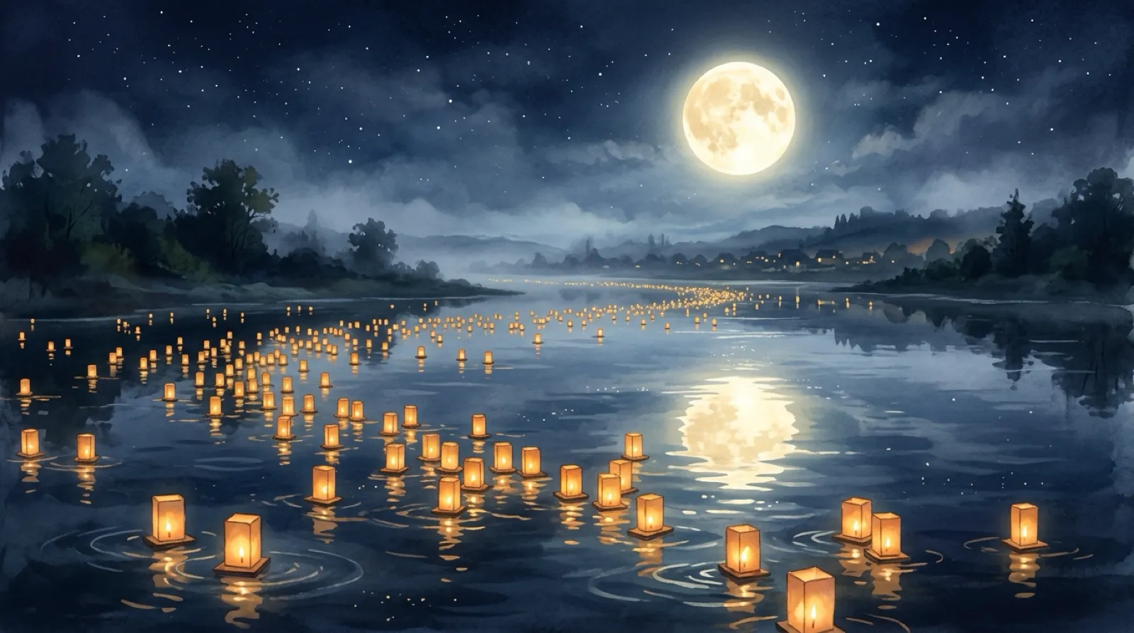 An AI conceptual illustration of candlelit floating lanterns drifting across calm water under a radiant full moon