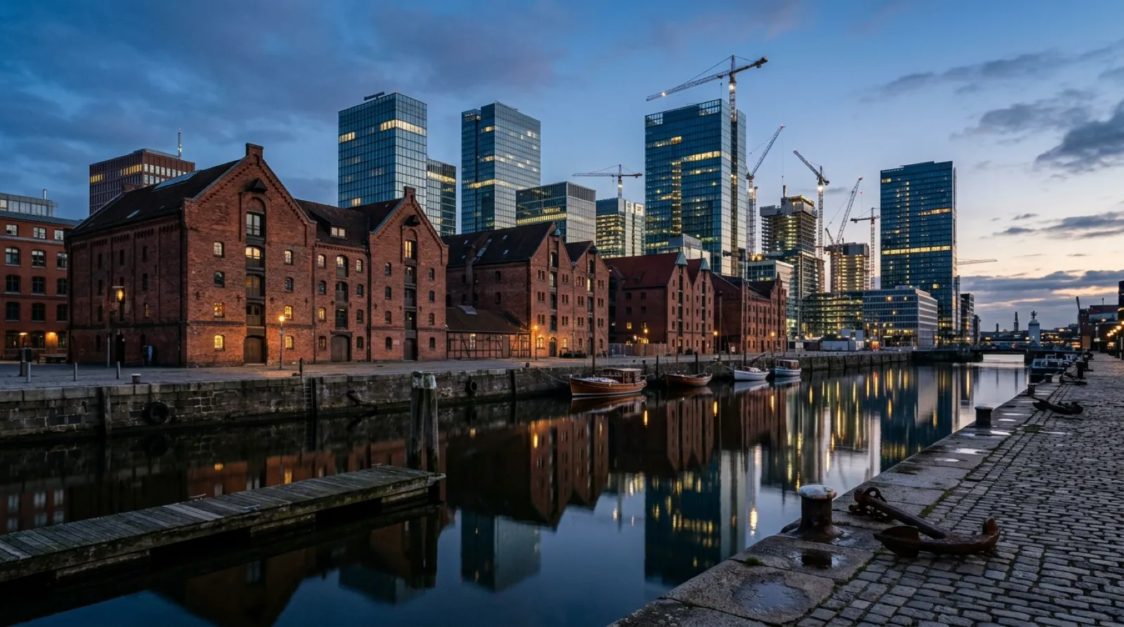 AI-reconstructed conceptual image of new development rising behind a historic waterfront district