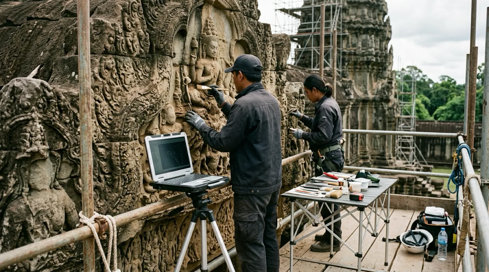 AI-reconstructed conceptual image of conservation work on ancient stone carvings