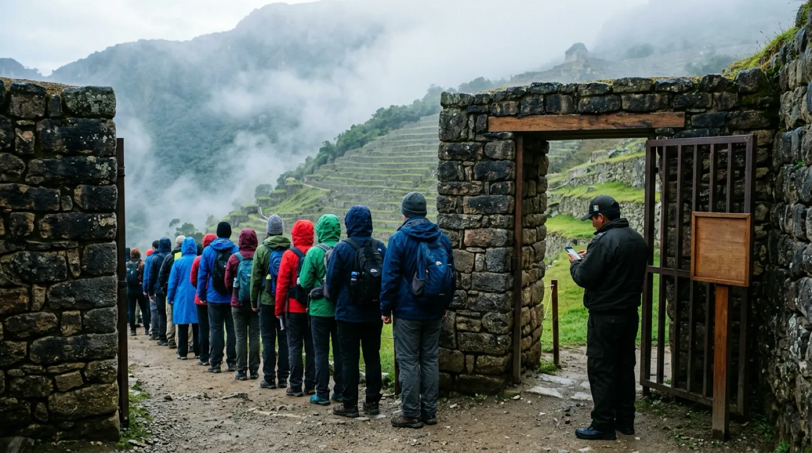 AI-reconstructed conceptual image of visitors waiting at a heritage-site entrance at dawn