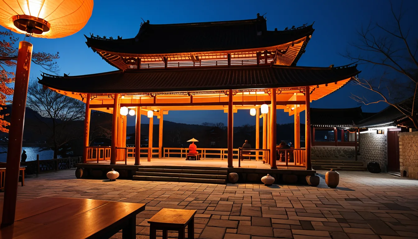 AI-generated illustration of an old tavern courtyard lit by lanterns at night