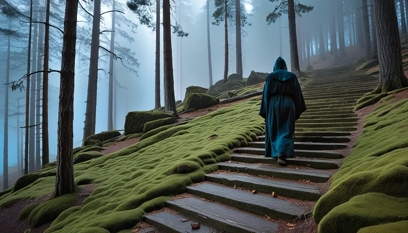 AI-generated illustration of stone steps at a mountain palace site in early morning