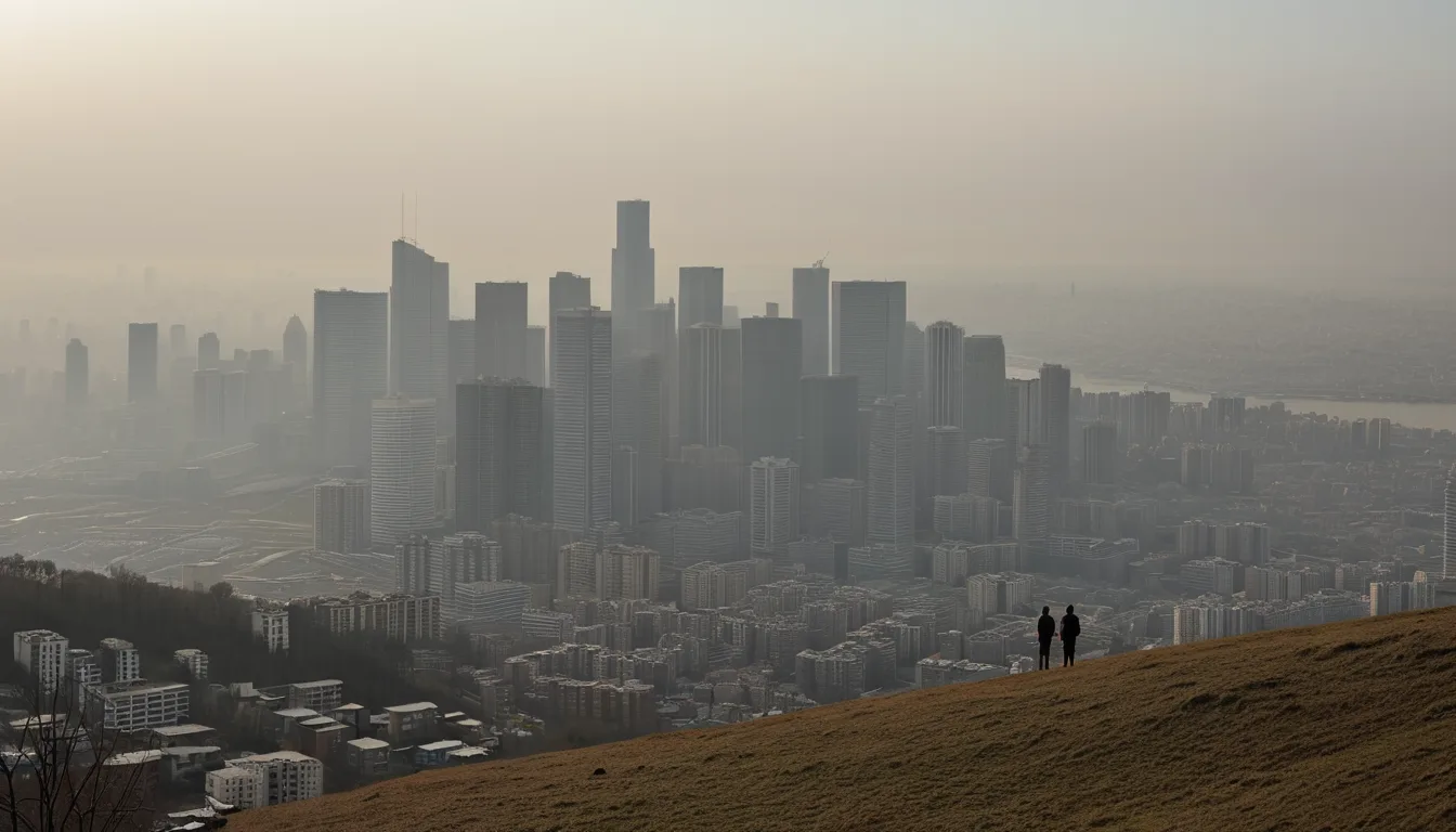 AI-generated illustration of a city skyline of apartment towers under a hazy sky